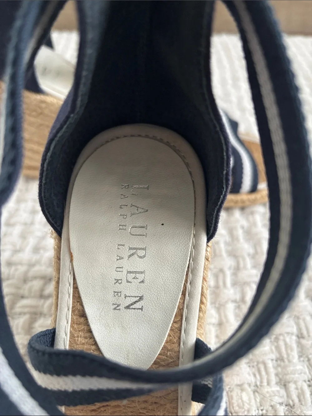Polo by Ralph Lauren Navy & White Striped Wrap Espadrille Wedges